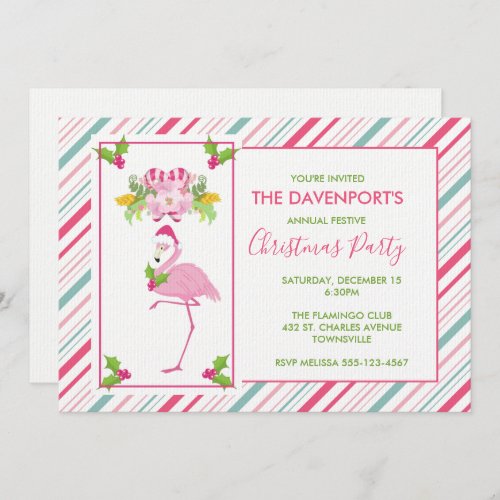 Pink Flamingo Santa Hat Candy Canes and Holly Invitation