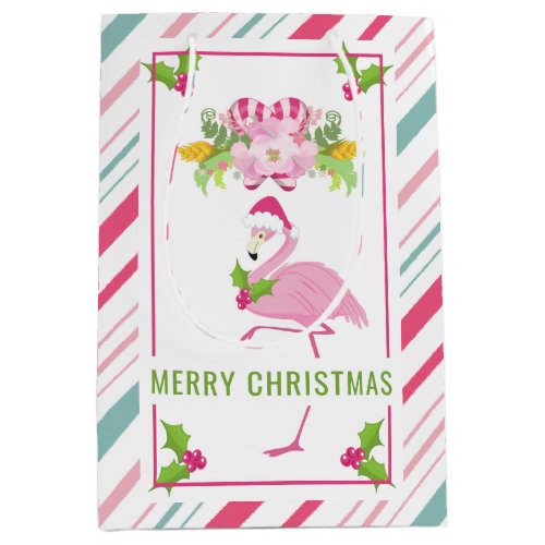 Pink Flamingo Santa Hat Candy Canes and Holly Medium Gift Bag