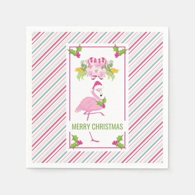 Pink Flamingo Santa Hat Candy Canes and Holly Napkins (Front)