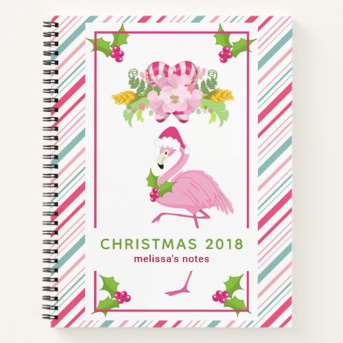 Pink Flamingo Santa Hat Candy Canes and Holly Notebook