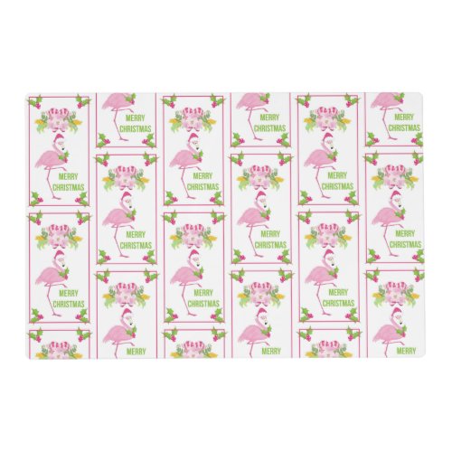 Pink Flamingo Santa Hat Candy Canes and Holly Placemat