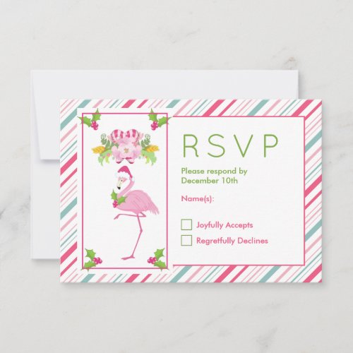 Pink Flamingo Santa Hat Candy Canes and Holly RSVP Card