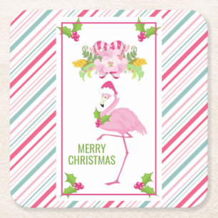 Pink Flamingo Santa Hat Candy Canes and Holly Square Paper Coaster