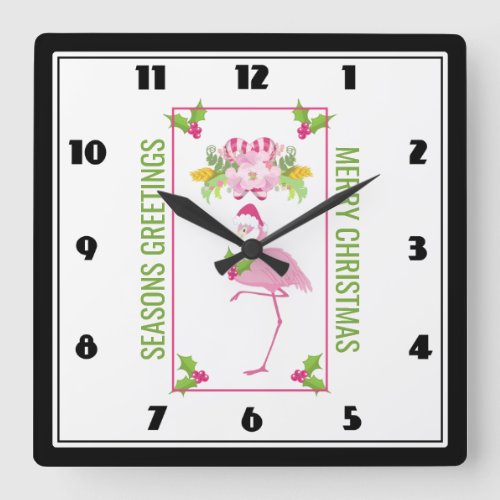 Pink Flamingo Santa Hat Candy Canes and Holly Square Wall Clock