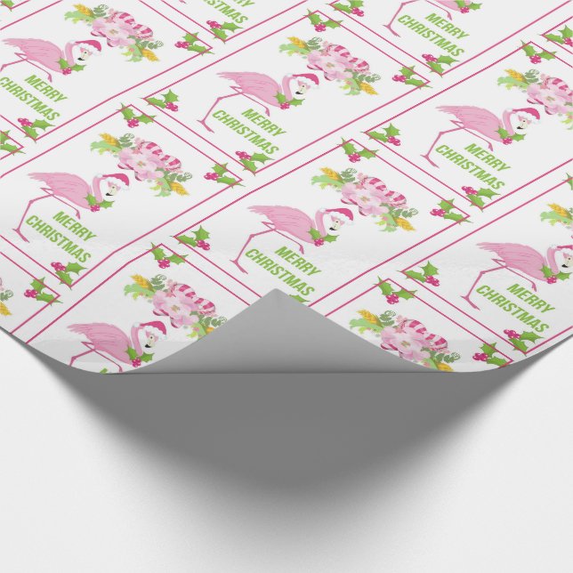 Pink Flamingo Santa Hat Candy Canes Pattern Wrapping Paper (Corner)