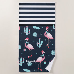 Pink Flamingo Santa Hat Navy Blue Striped Beach Towel
