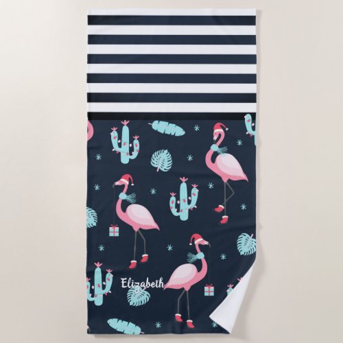 Pink Flamingo Santa Hat Navy Blue Striped  Beach Towel