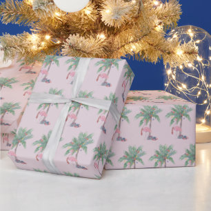 Pink Flamingo Santa Hat with Palm Tree & Lights Wrapping Paper