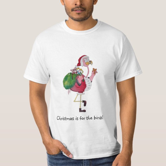 Pink Flamingo Santa Merry Christmas Whimsical T-Shirt (Front)