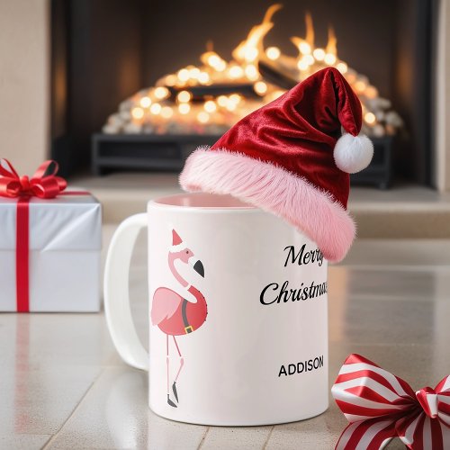 Pink Flamingo Santa Name Animal Christmas Two_Tone Coffee Mug