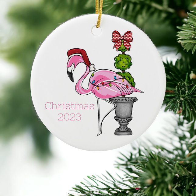Pink Flamingo Santa Personalized Ceramic Ornament (Creator Uploaded)