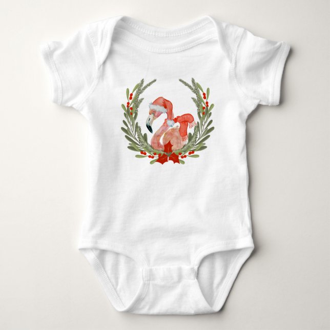 Pink Flamingo Santa Wreath Christmas Baby Bodysuit (Front)