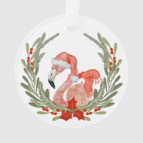 Pink Flamingo Santa Wreath Kids Ornament