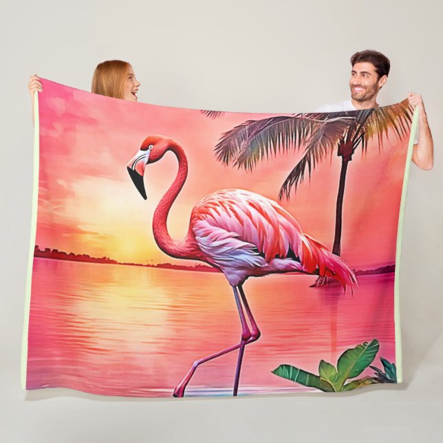Pink Flamingo Scene Design Fleece Blanket (In Situ)