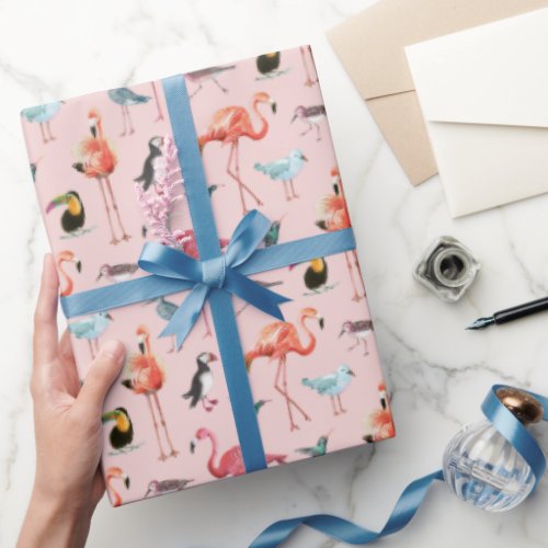 Pink flamingo sea birds tropical wrapping paper