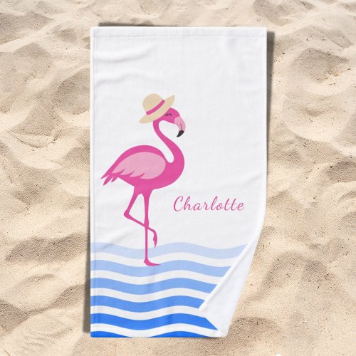 Pink flamingo sea waves name hand towel 