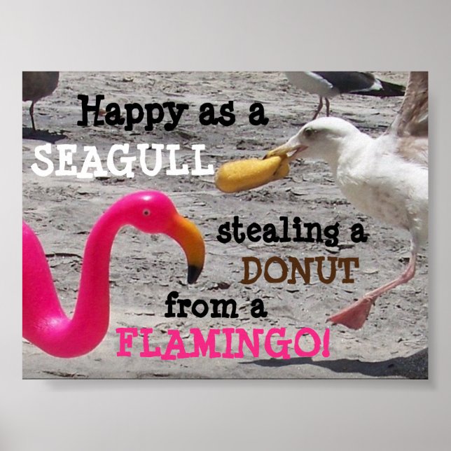 Pink Flamingo Seagull Donut Beach Vacation Humor Poster (Front)