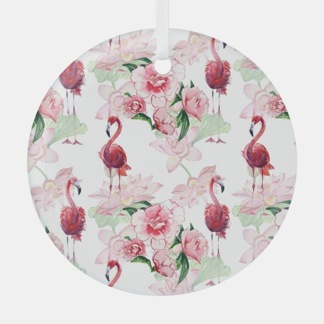 Pink Flamingo: Seamless Pattern Elegance Glass Ornament (Front)