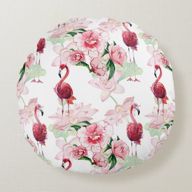 Pink Flamingo: Seamless Pattern Elegance Round Pillow (Front)