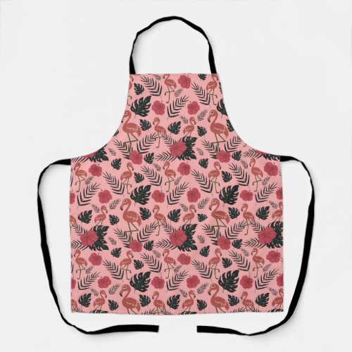 Pink flamingo seamless pattern flowers and leaves apron