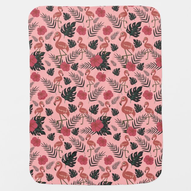 Pink flamingo seamless pattern flowers and leaves baby blanket (Front)
