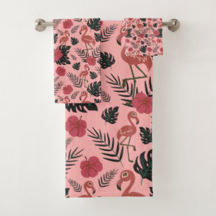 Pink flamingo seamless pattern flowers and leaves bath towel set