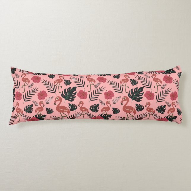 Pink flamingo seamless pattern flowers and leaves body pillow (Front)