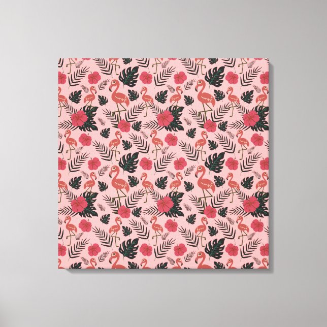 Pink flamingo seamless pattern flowers and leaves canvas print (Front)
