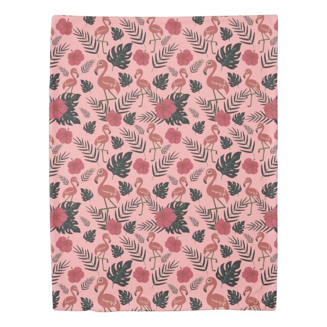 Pink flamingo seamless pattern flowers and leaves duvet cover (Front)