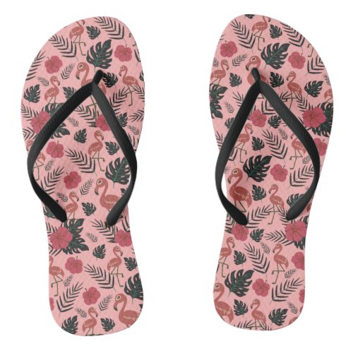 Pink flamingo seamless pattern flowers and leaves flip flops