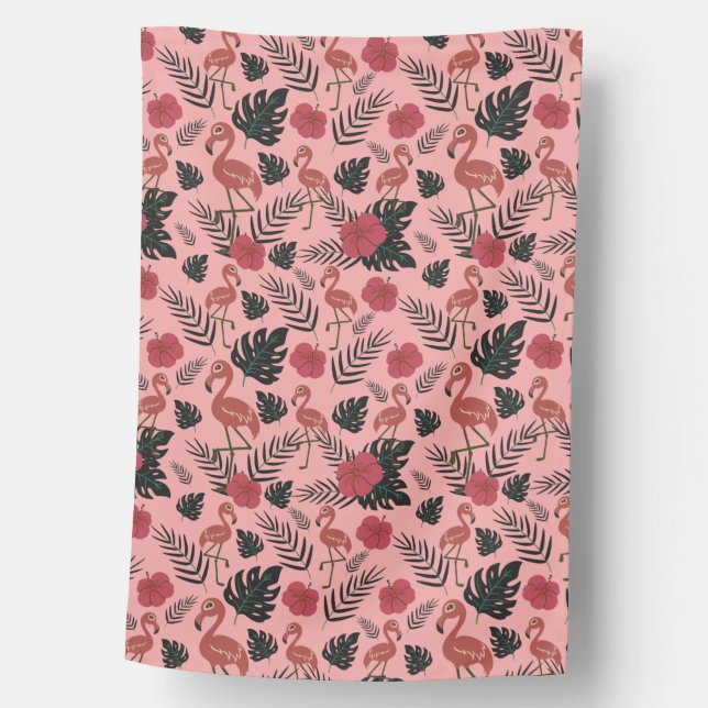 Pink flamingo seamless pattern flowers and leaves house flag (Front)