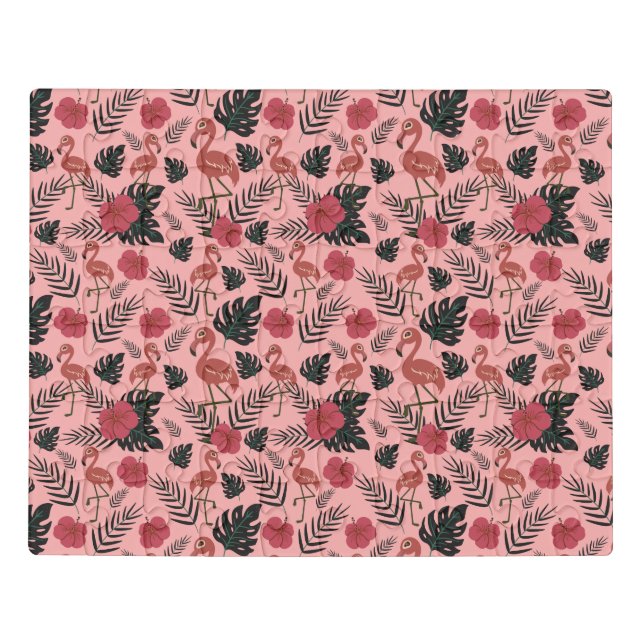 Pink flamingo seamless pattern flowers and leaves jigsaw puzzle (Puzzle Horizontal)