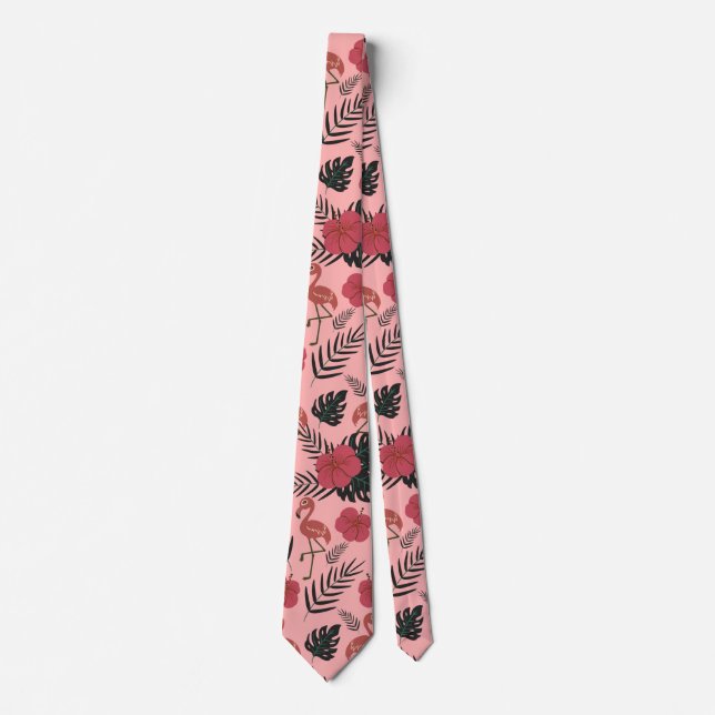 Pink flamingo seamless pattern flowers and leaves neck tie (Front)