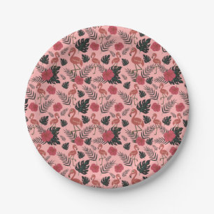 Pink flamingo seamless pattern flowers and leaves paper plates