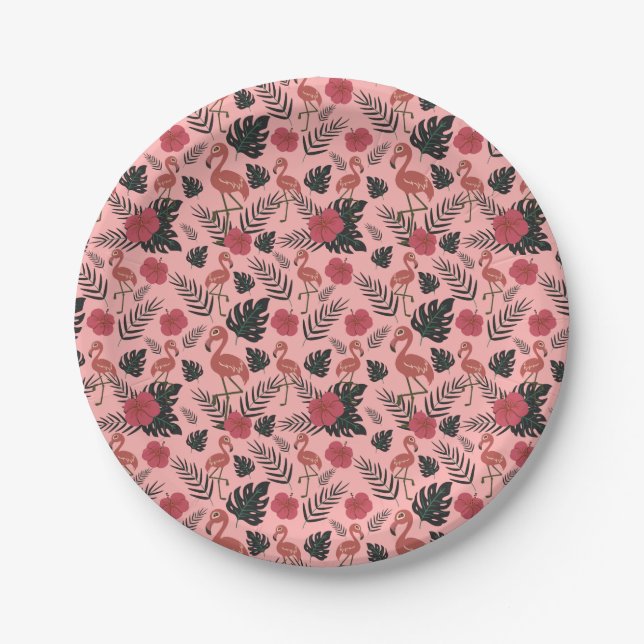 Pink flamingo seamless pattern flowers and leaves paper plates (Front)