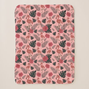 Pink flamingo seamless pattern flowers and leaves sherpa blanket