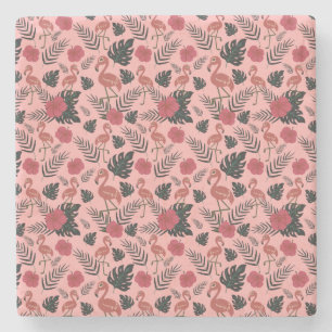 Pink flamingo seamless pattern flowers and leaves stone coaster