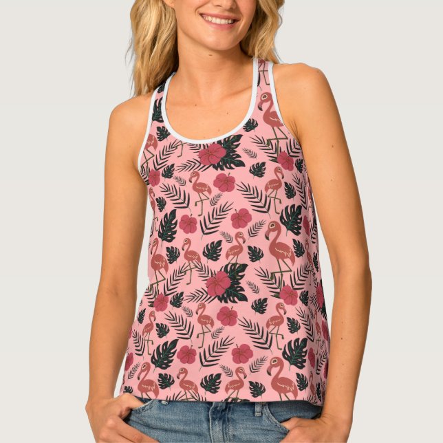 Pink flamingo seamless pattern flowers and leaves tank top (Front)