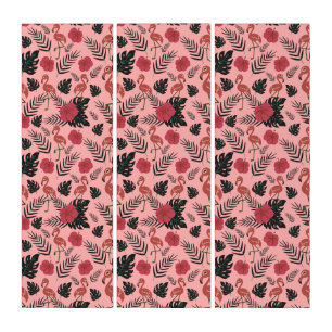 Pink flamingo seamless pattern flowers and leaves triptych