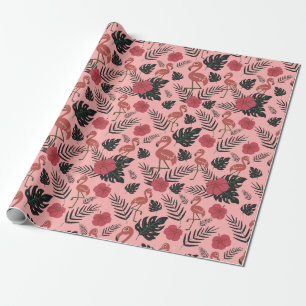 Pink flamingo seamless pattern flowers and leaves wrapping paper