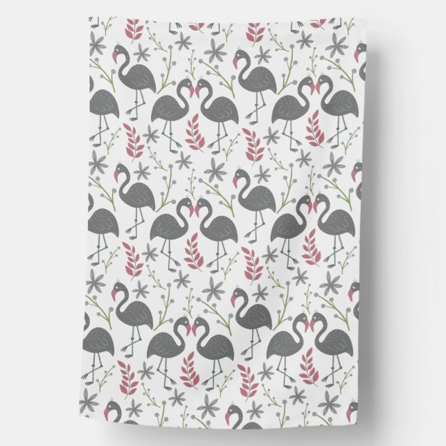 Pink flamingo seamless pattern flowers, leaves house flag (Front)