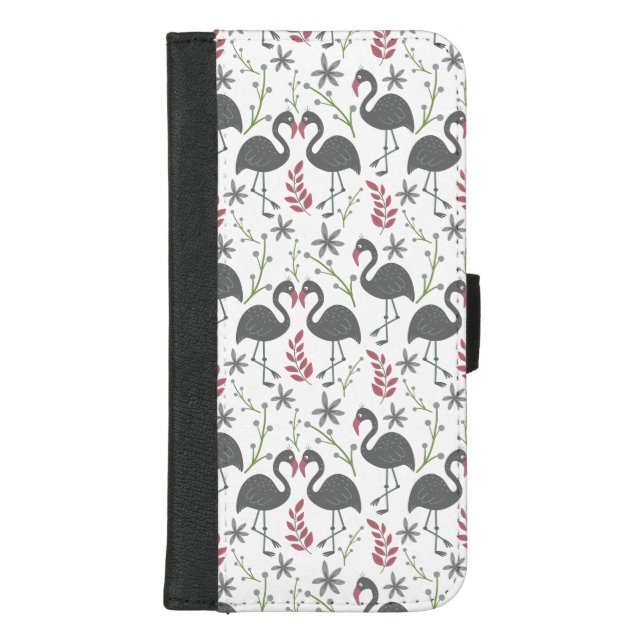 Pink flamingo seamless pattern flowers, leaves iPhone wallet case (Front)