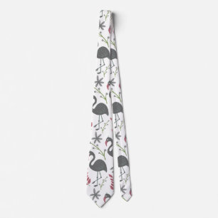 Pink flamingo seamless pattern flowers, leaves neck tie