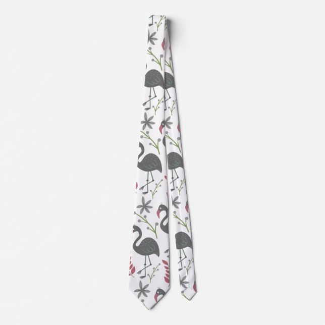 Pink flamingo seamless pattern flowers, leaves neck tie (Front)