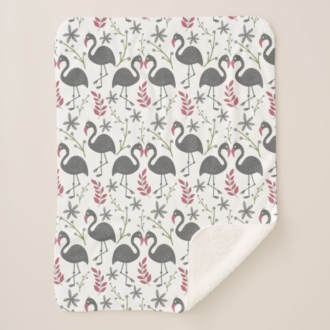 Pink flamingo seamless pattern flowers, leaves sherpa blanket (Front)
