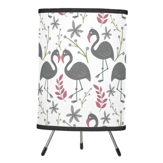 Pink flamingo seamless pattern flowers, leaves tripod lamp (Front)