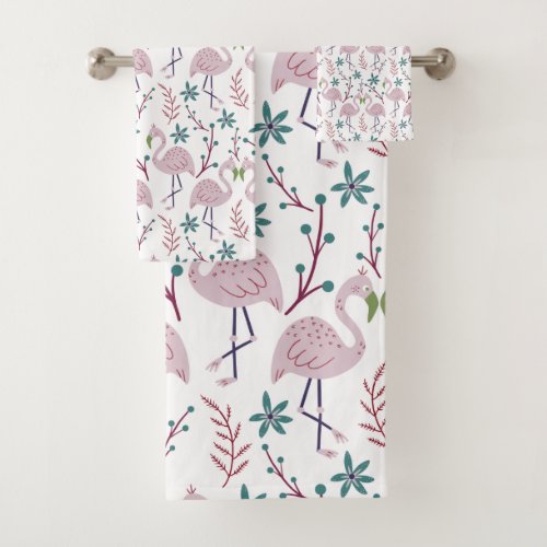 Pink flamingo seamless pattern on white background bath towel set