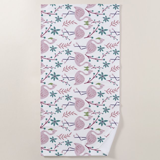 Pink flamingo seamless pattern on white background beach towel (Front)
