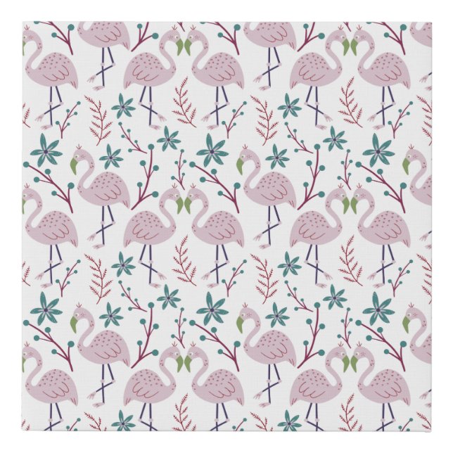Pink flamingo seamless pattern on white background faux canvas print (Front)