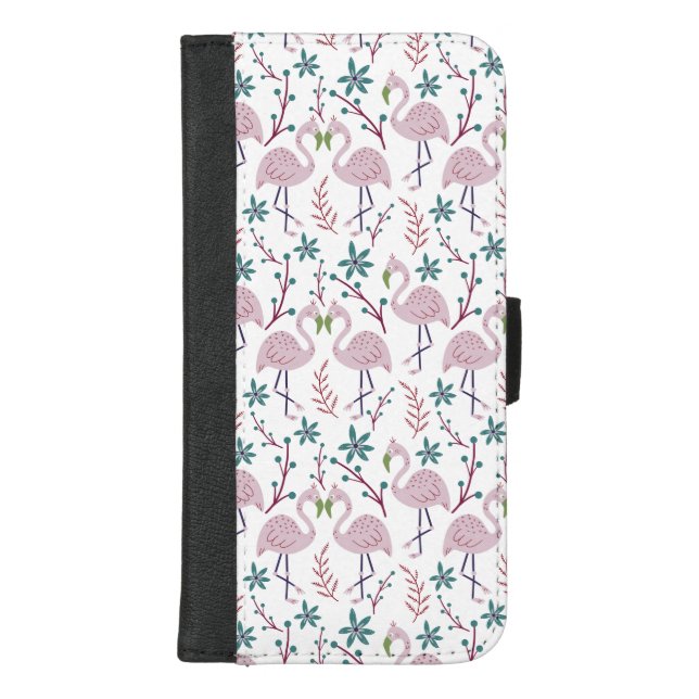 Pink flamingo seamless pattern on white background iPhone wallet case (Front)